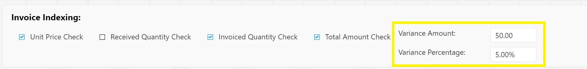 A variance amount can be set for the invoice indexing checks.