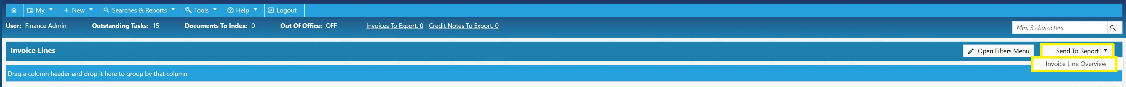 The invoice line overview button allows users to send the results to a report.