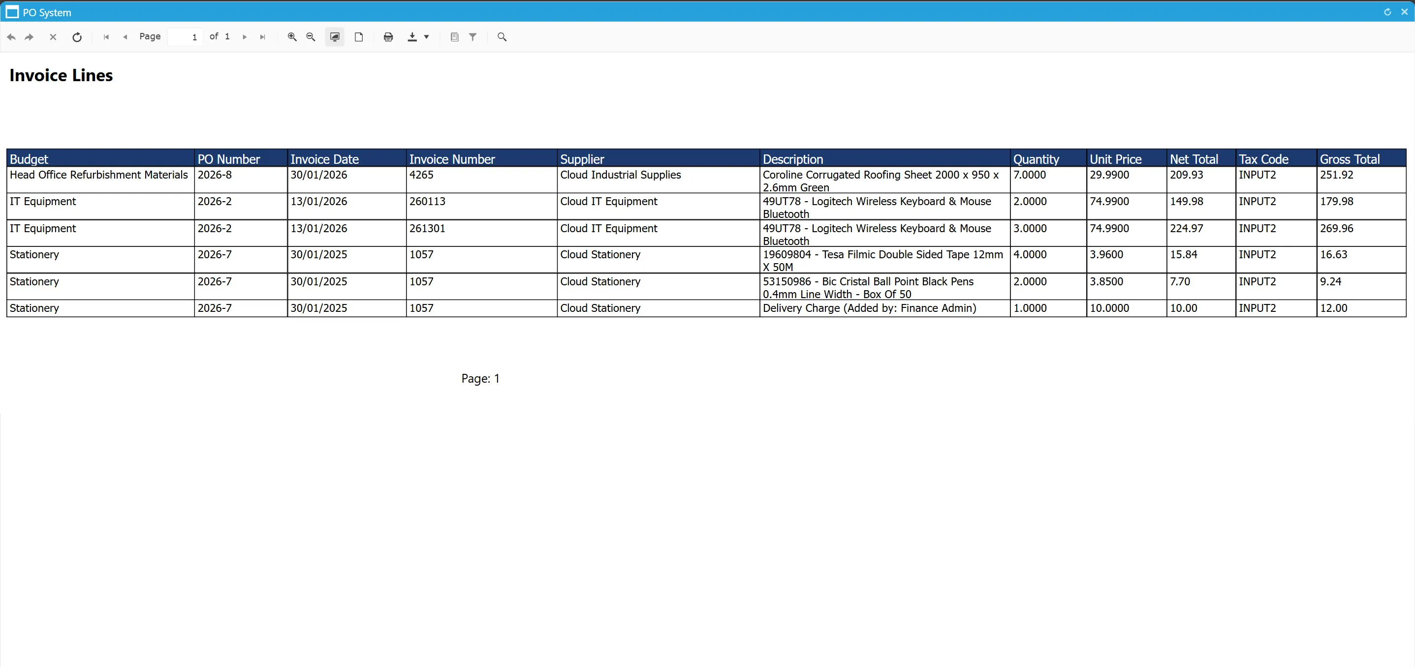 The invoice lines report displays the search results in a simple layout with clear headings.