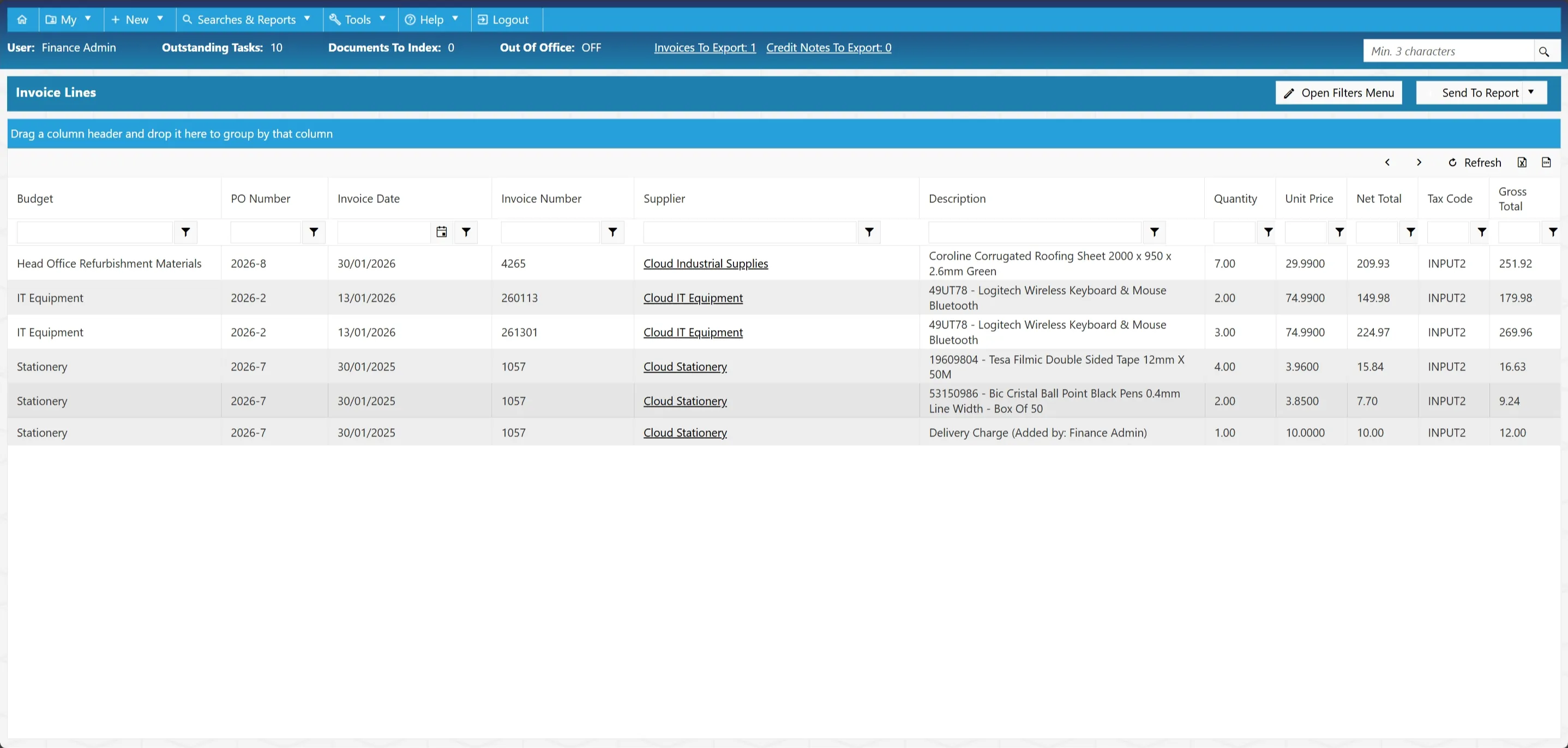 Invoice lines search results are displayed in a grid consisting of several columns.