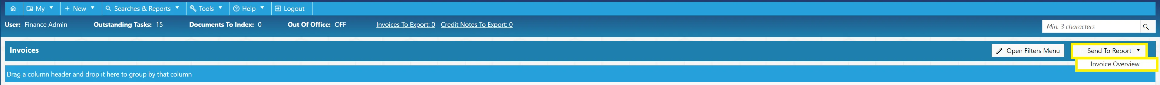 Invoice search data can be sent to a report using the Invoice Overview button.