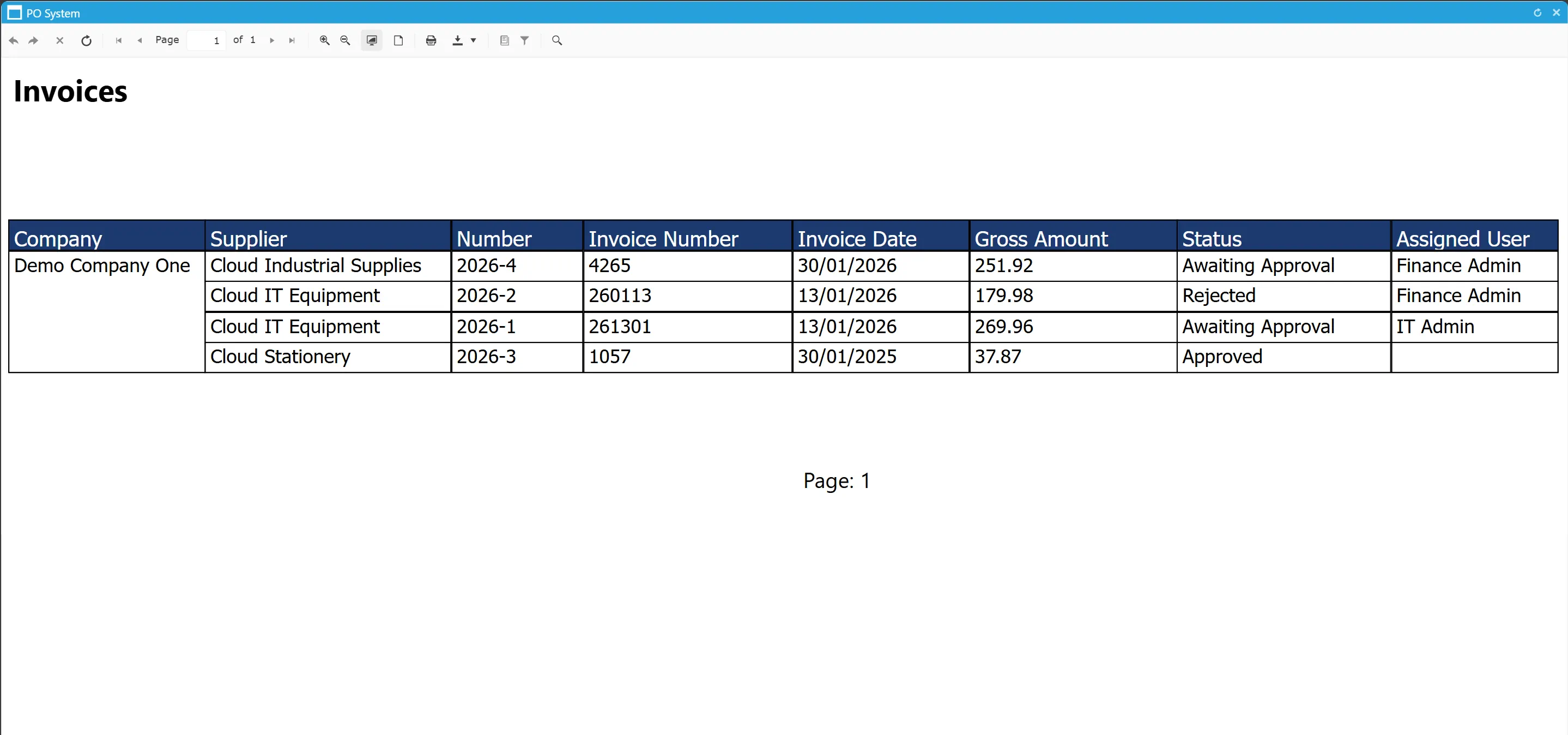 Invoice reports display the search results in a clear format for easy review.