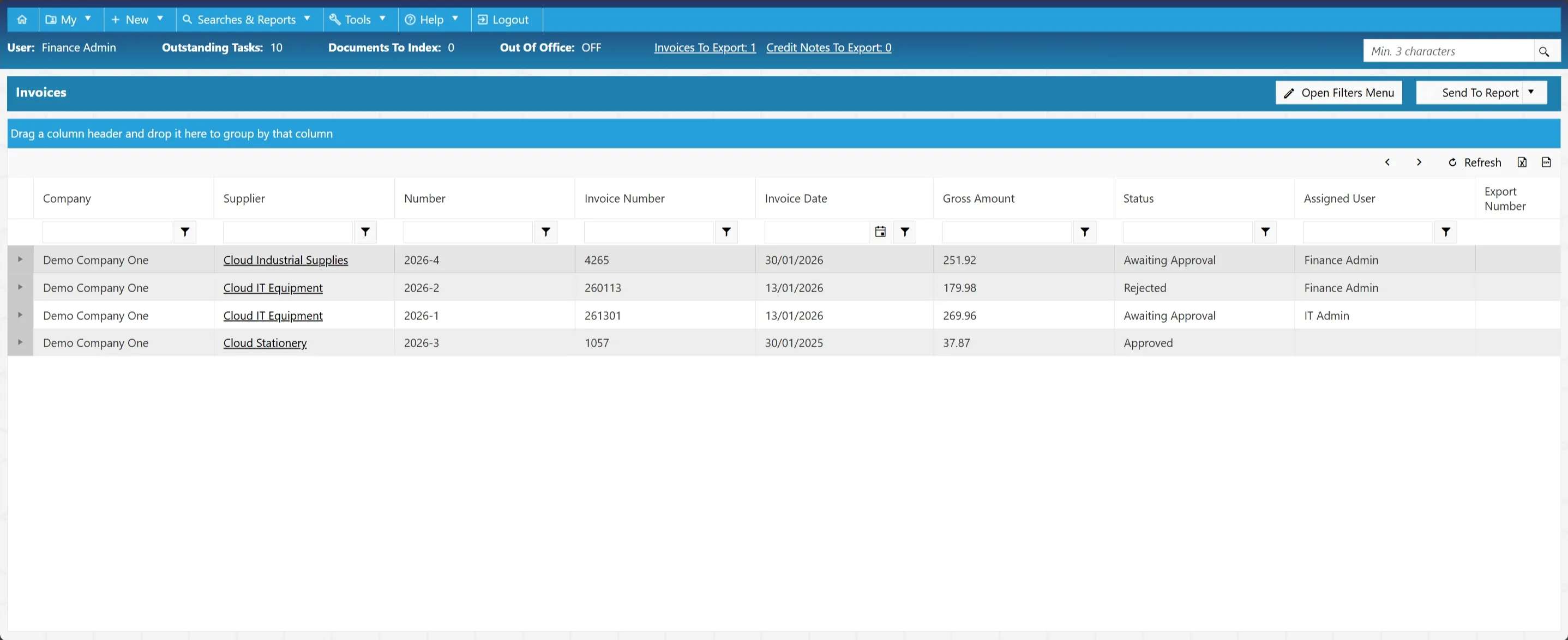 Invoice search results are displayed in a grid consisting of several columns.