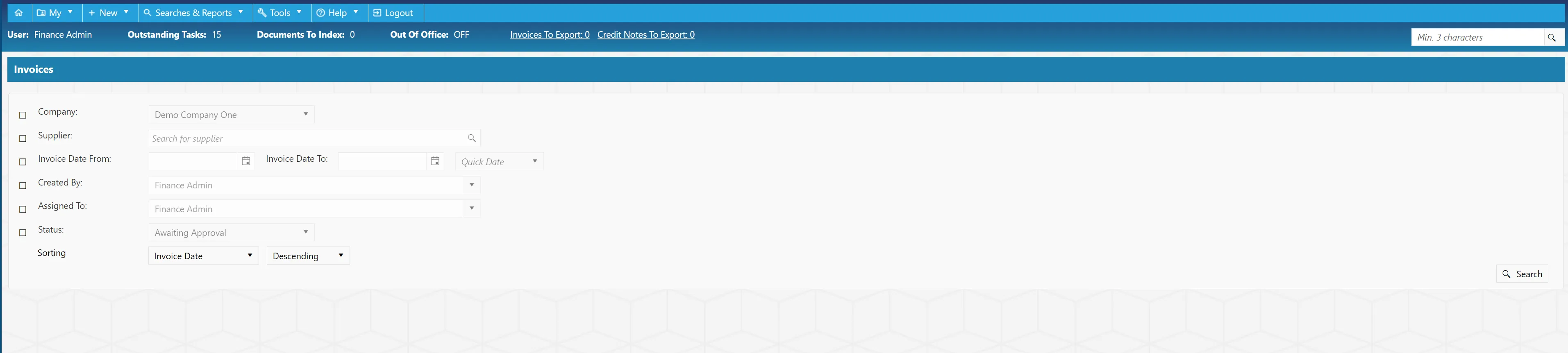 There are several filters available when conducting an invoice search.