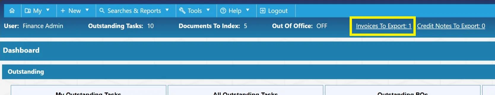 The number of approved invoices, that are ready to export is shown in the top bar of the system.