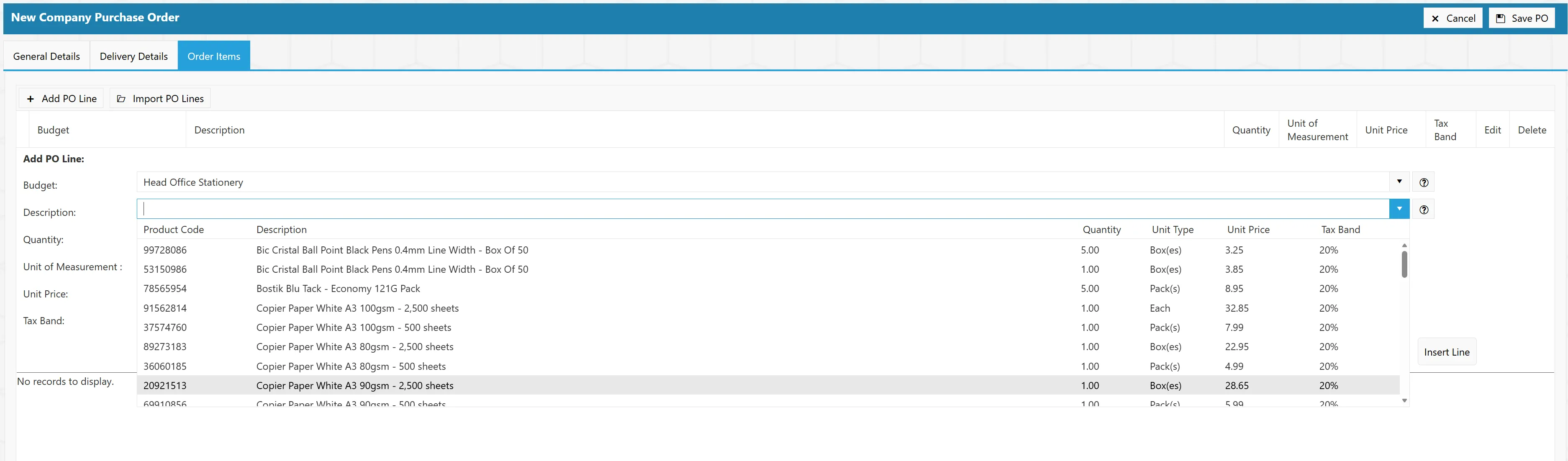 The PO software supports supplier price lists for pre-populated items.