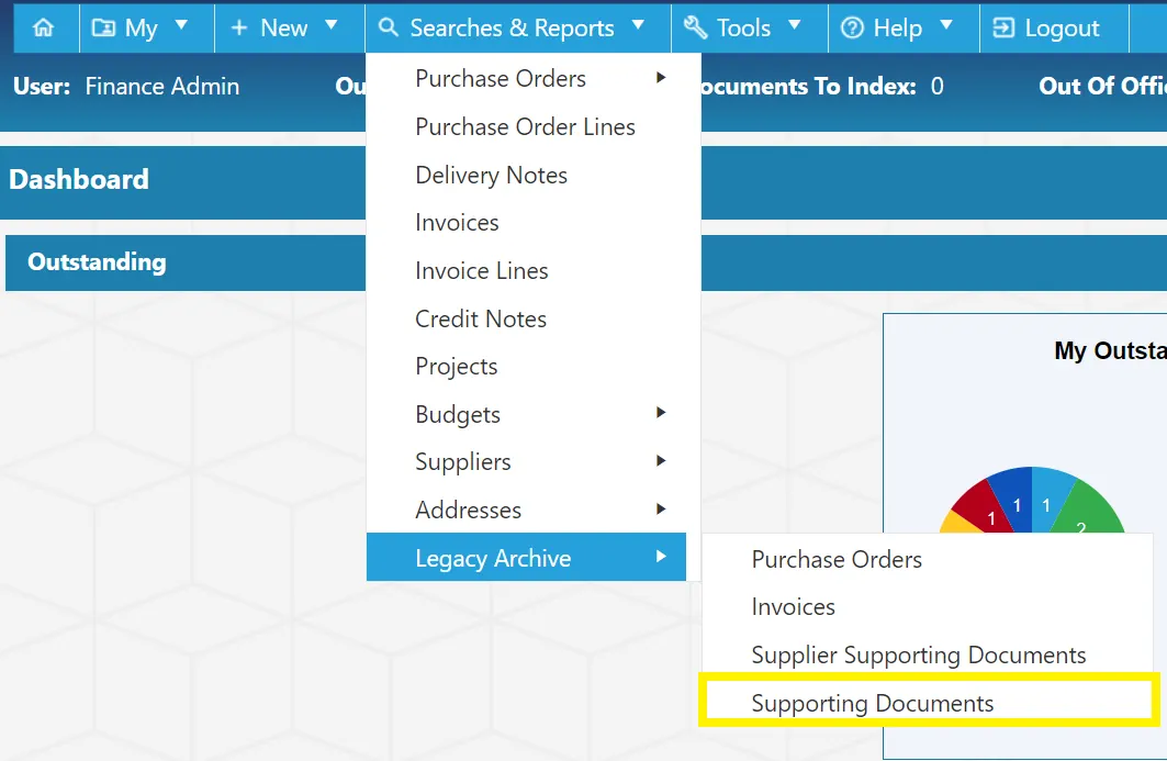 The PO system allows users to search for supporting documents that have been imported from a legacy system.
