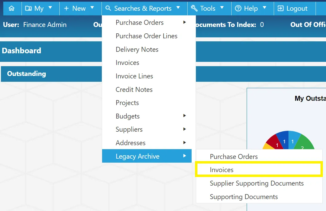 Users can search for invoices which have been imported from a legacy system.