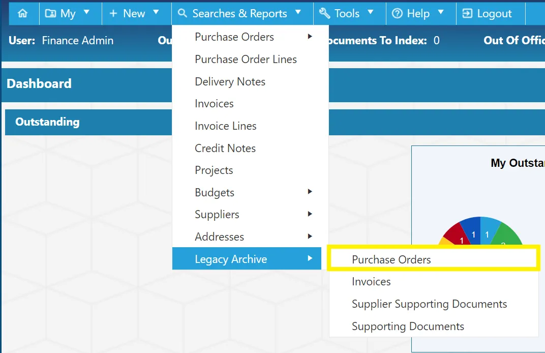 The Legacy Archive Purchase Orders search allows users to search for purchase orders which have been imported from a legacy system.