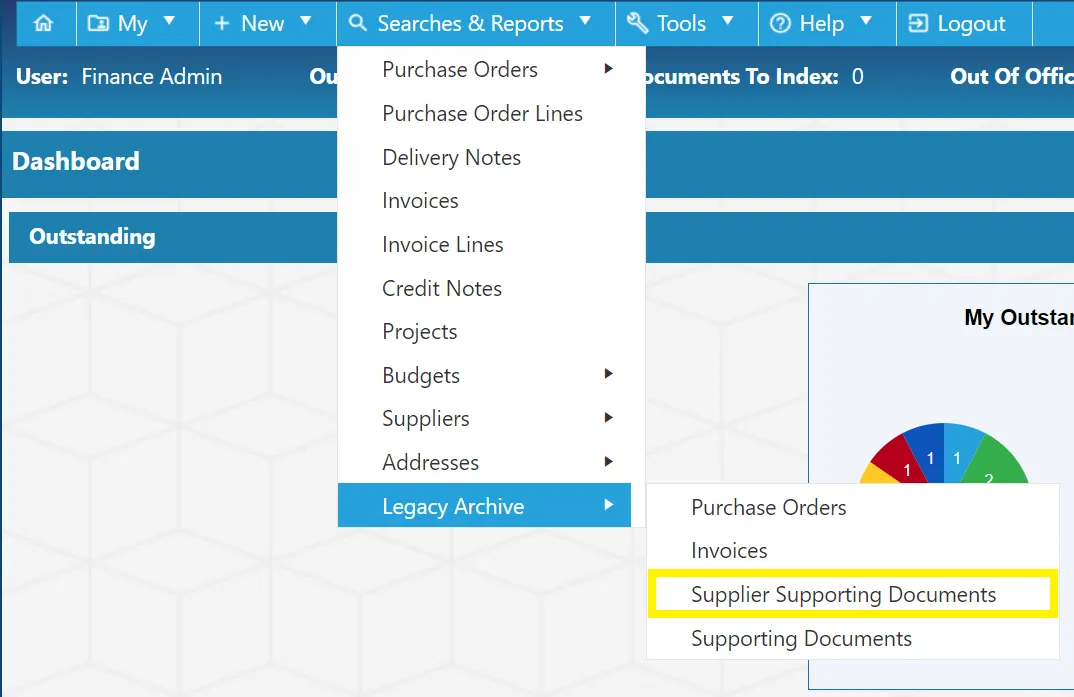 The PO system allows users to search for supplier supporting documents that have been imported from a legacy system.