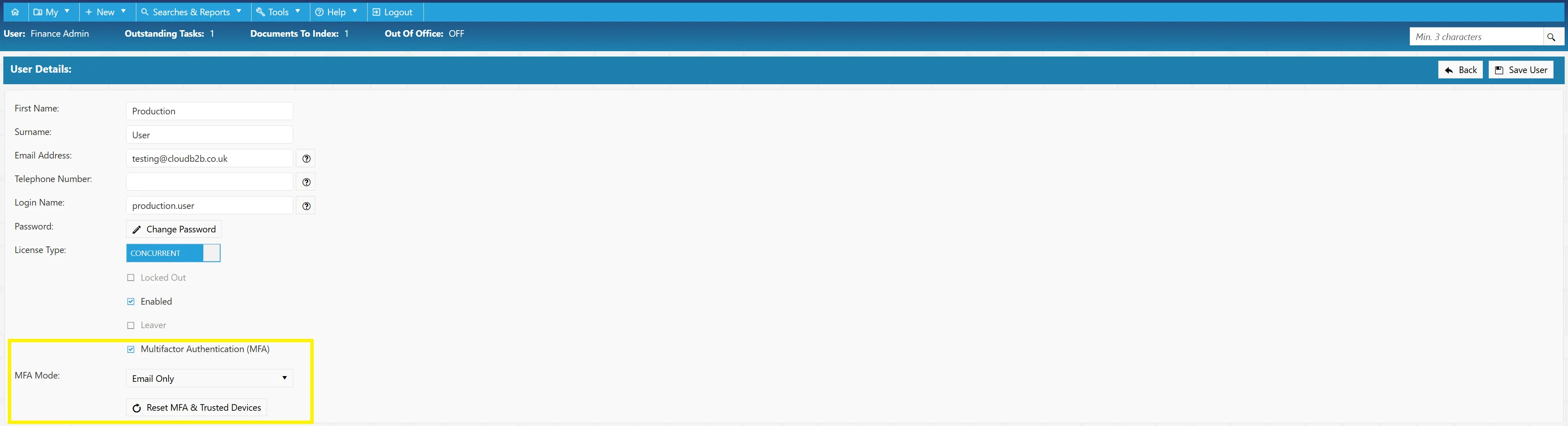 Enabling MFA The MFA section shows whether an account has MFA enabled and the type of authentication used e.g. Email or Authenticator App.