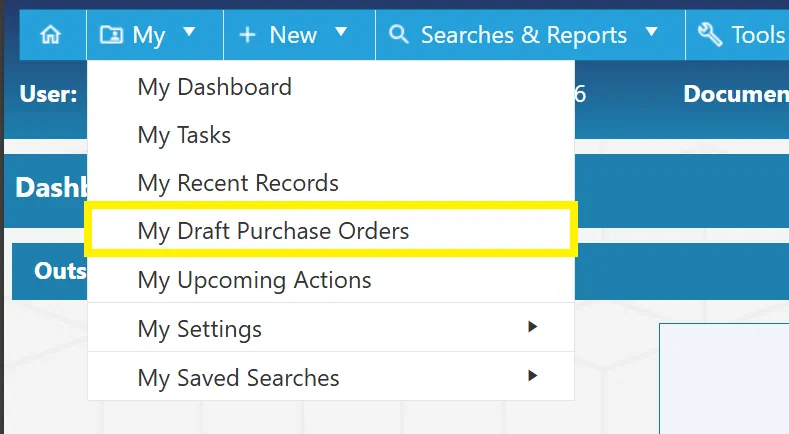 Users can save any purchase orders that are not ready to be submitted. These are stored in My Draft Purchase Orders.