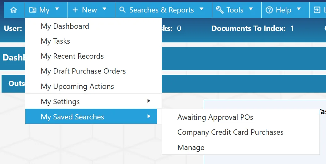The My Saved Searches menu displays any saved searches you have.