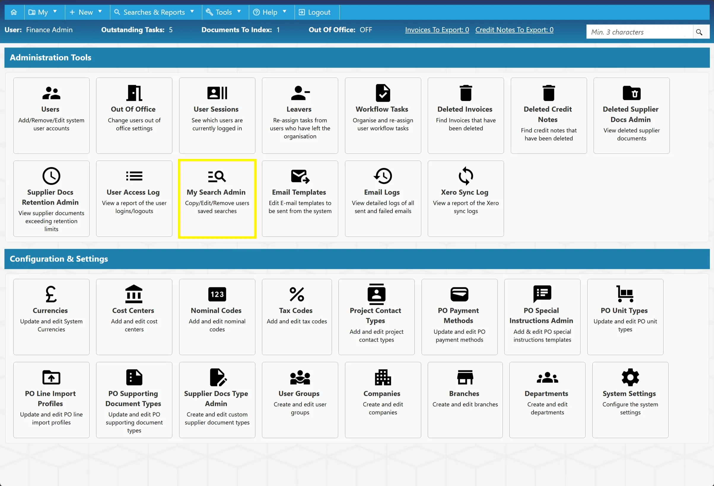 Saved Searches Admin Tool The saved searches admin tool lets users manage searches belonging to other users.