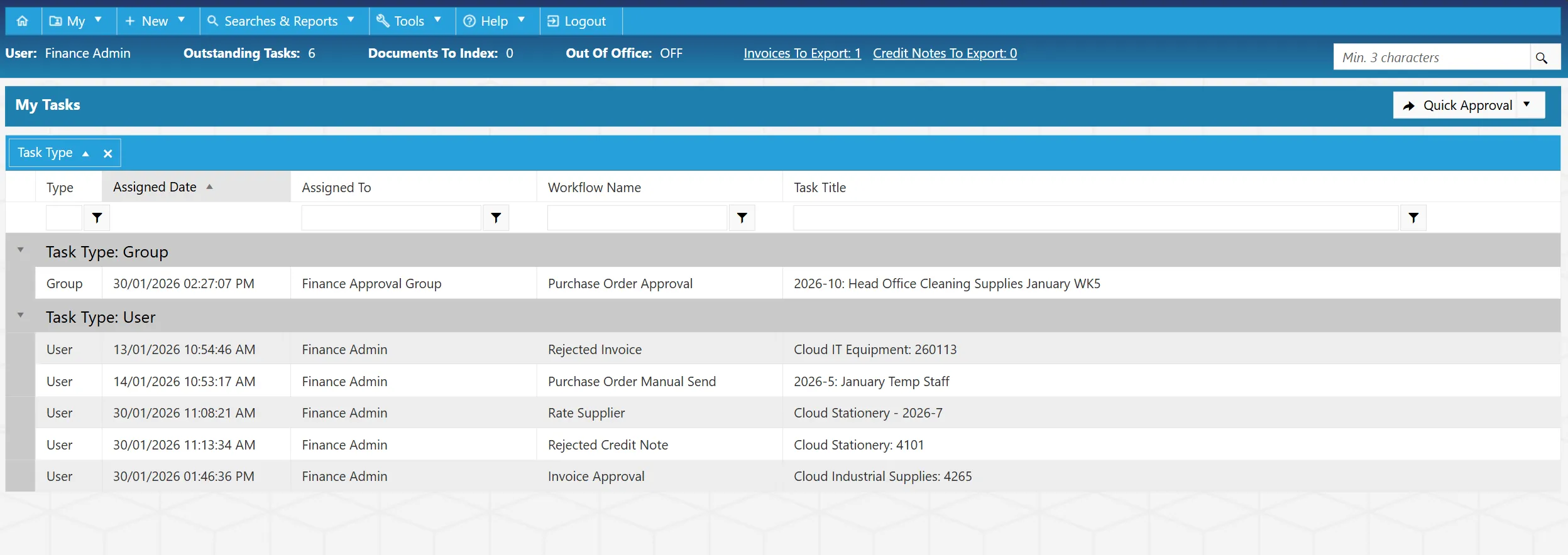 The Tasks Grid displays your tasks with key header level information.