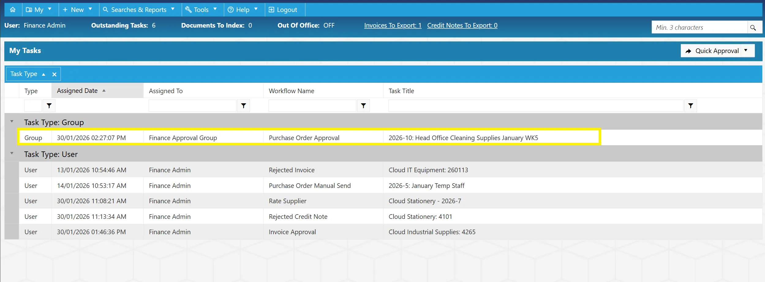 Group tasks improve workflow efficiency in your procurement process.