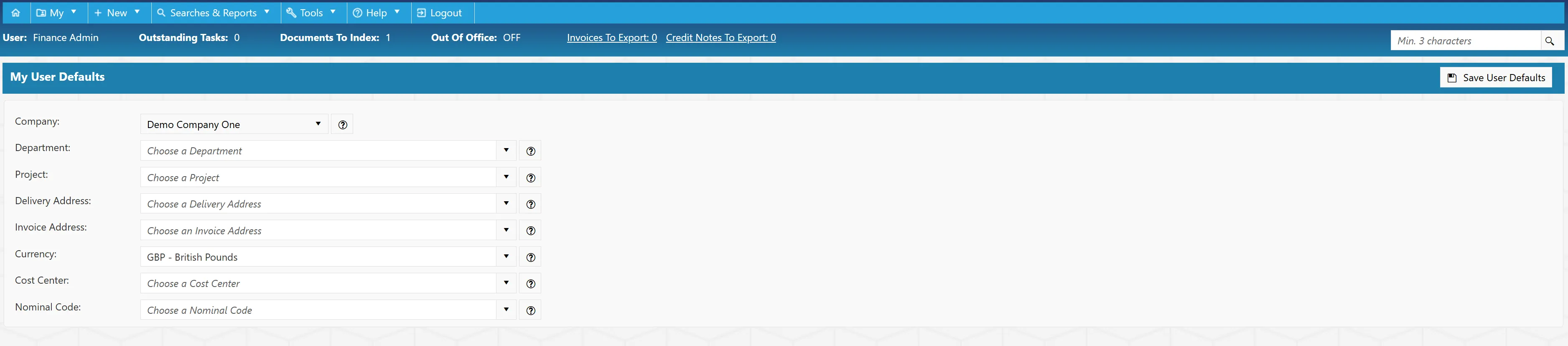 User defaults allow users to pre-set information required when creating purchase orders.