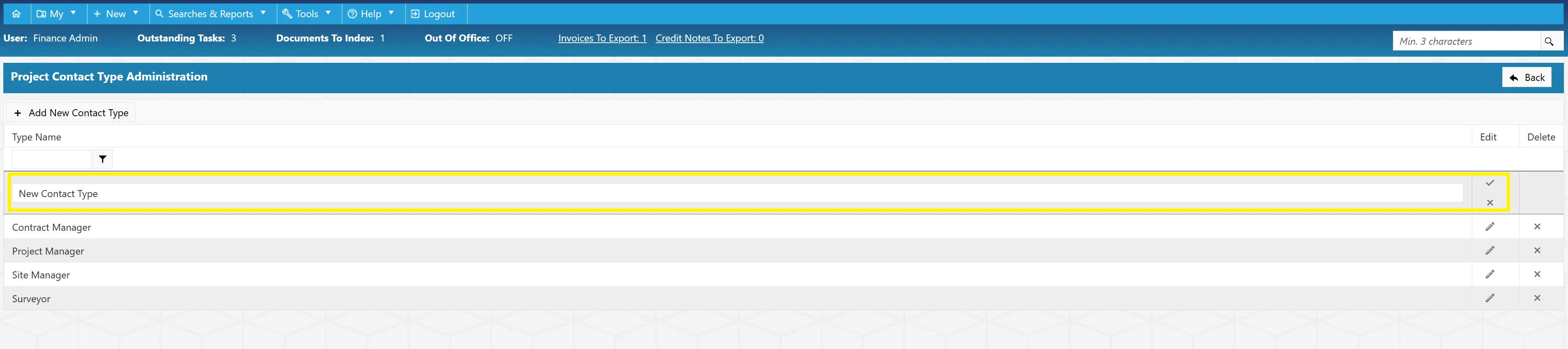 Type the new contact type into the field and select the tick to save it.