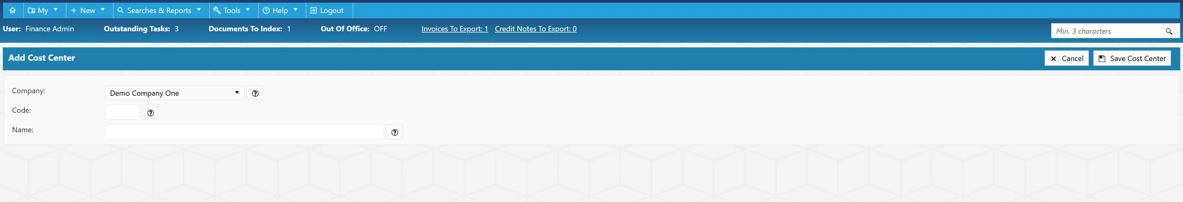 Fill in the new cost center details before saving to finalise.