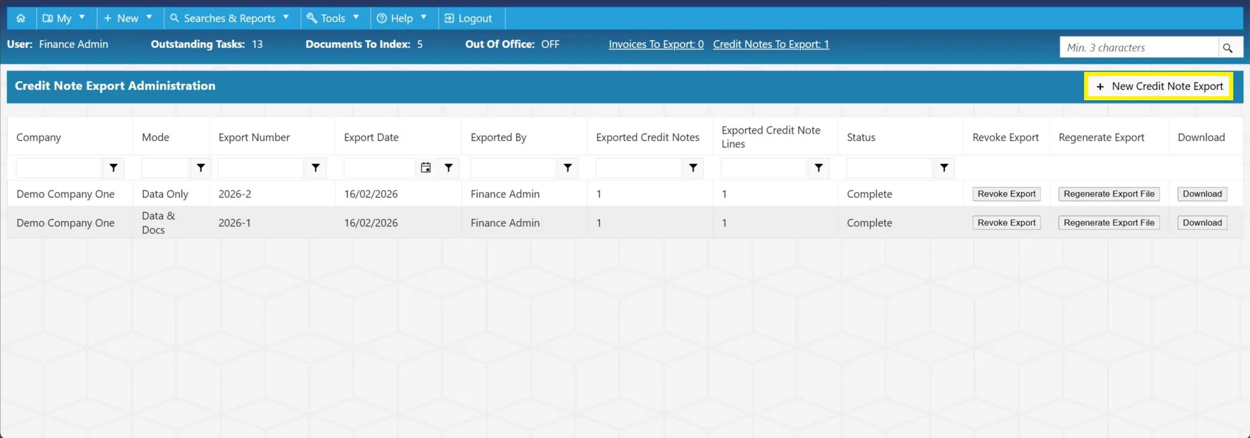 To carry out a new credit note export, simply click the + New Credit Note Export button.