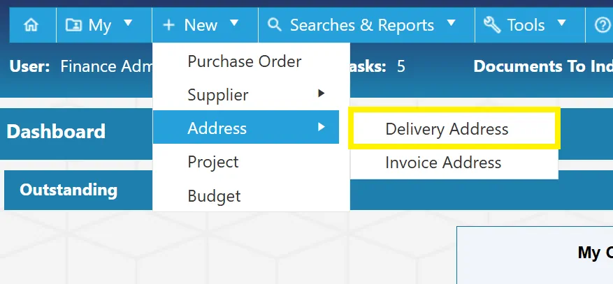 Users can create new delivery addresses within the PO system.