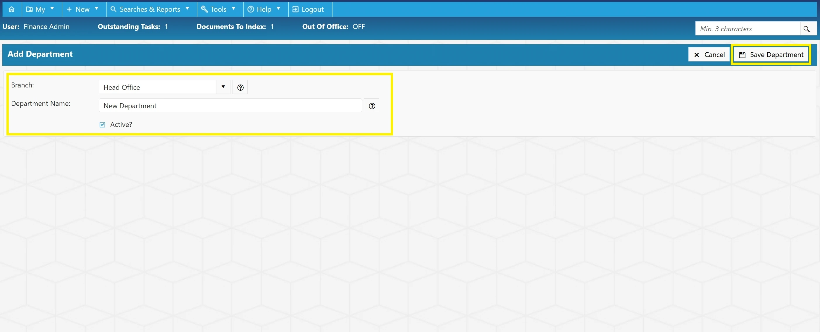 Complete the new department details before saving.