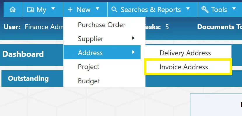 Users can create new invoice addresses within the PO system.