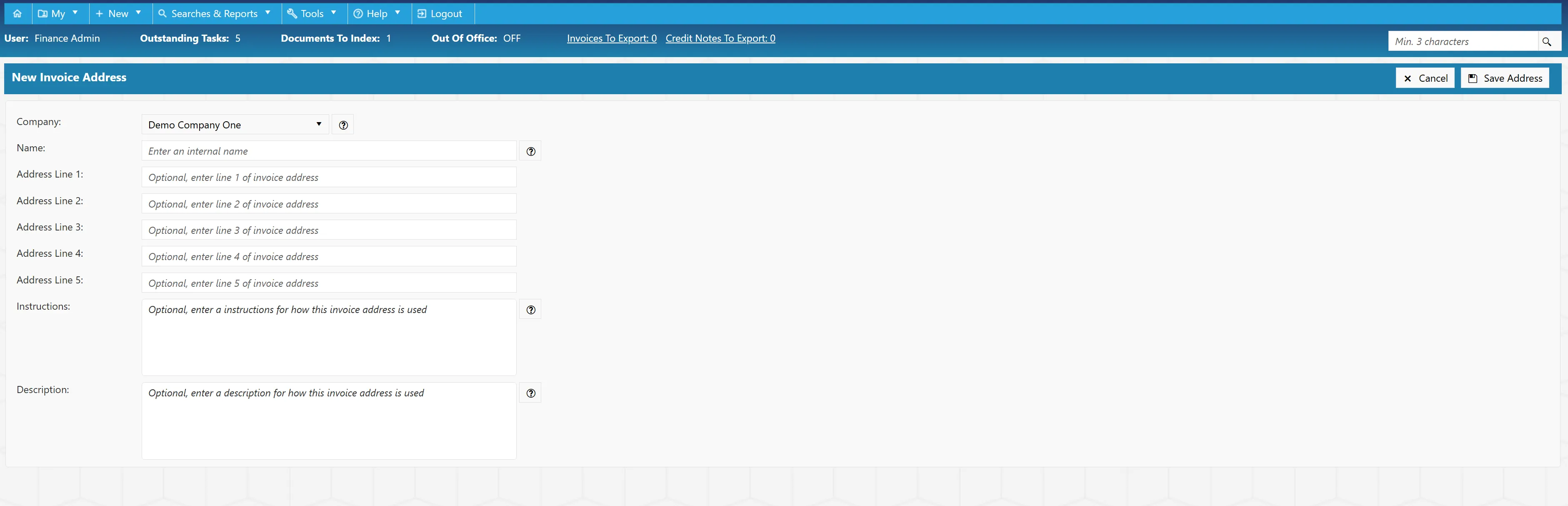 Complete the required details for the new invoice address.