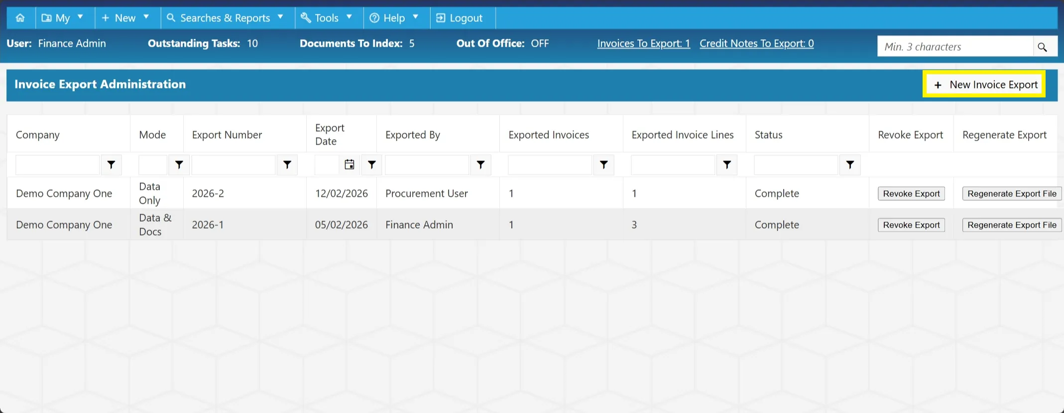 To carry out a new invoice export, simply click the + New Invoice Export button.
