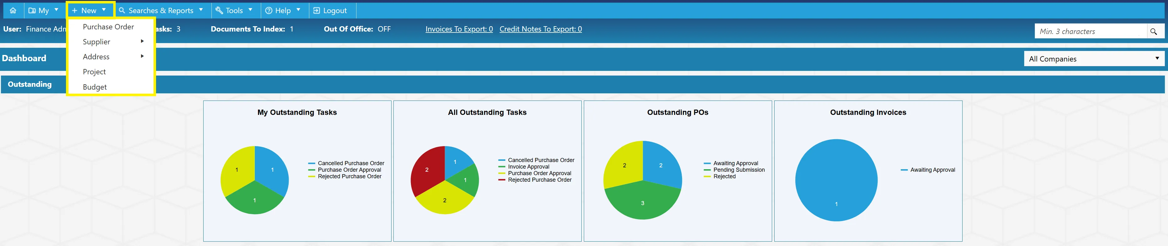 The New Menu allows users to create new items within the purchase order system.