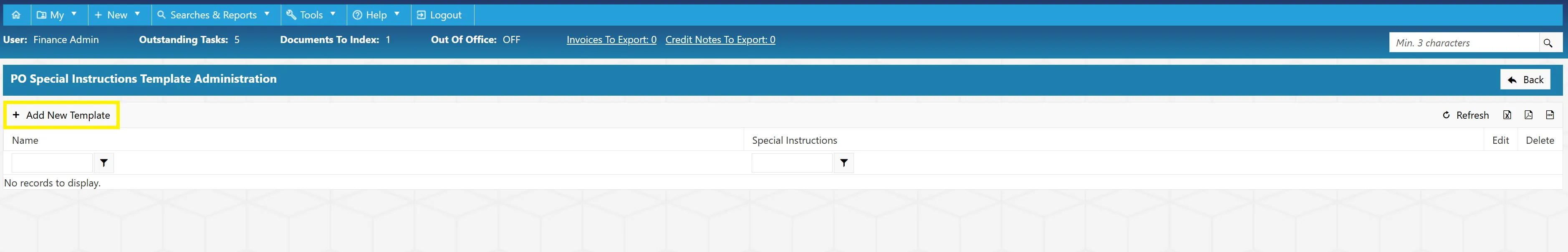 Admin users can add new special instruction templates as required.