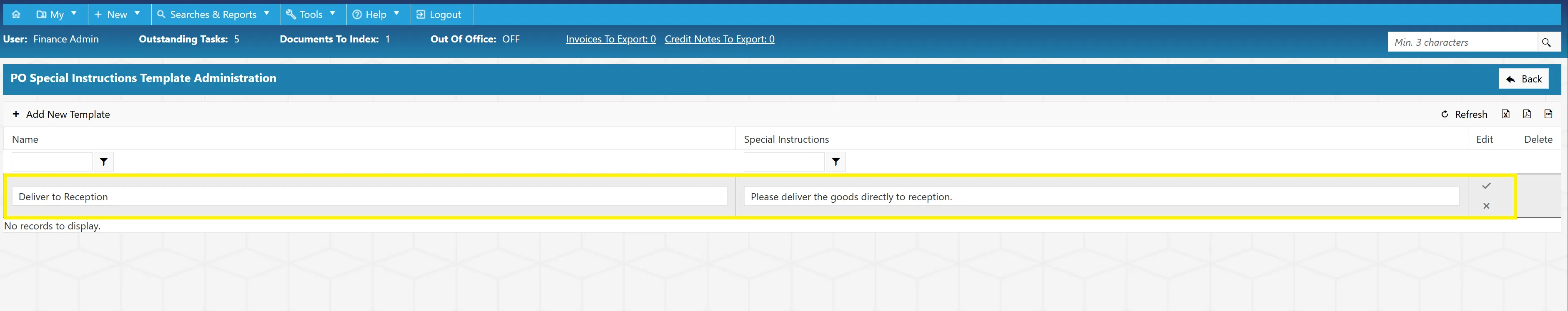 Type the new special instruction information into the designated fields before saving.