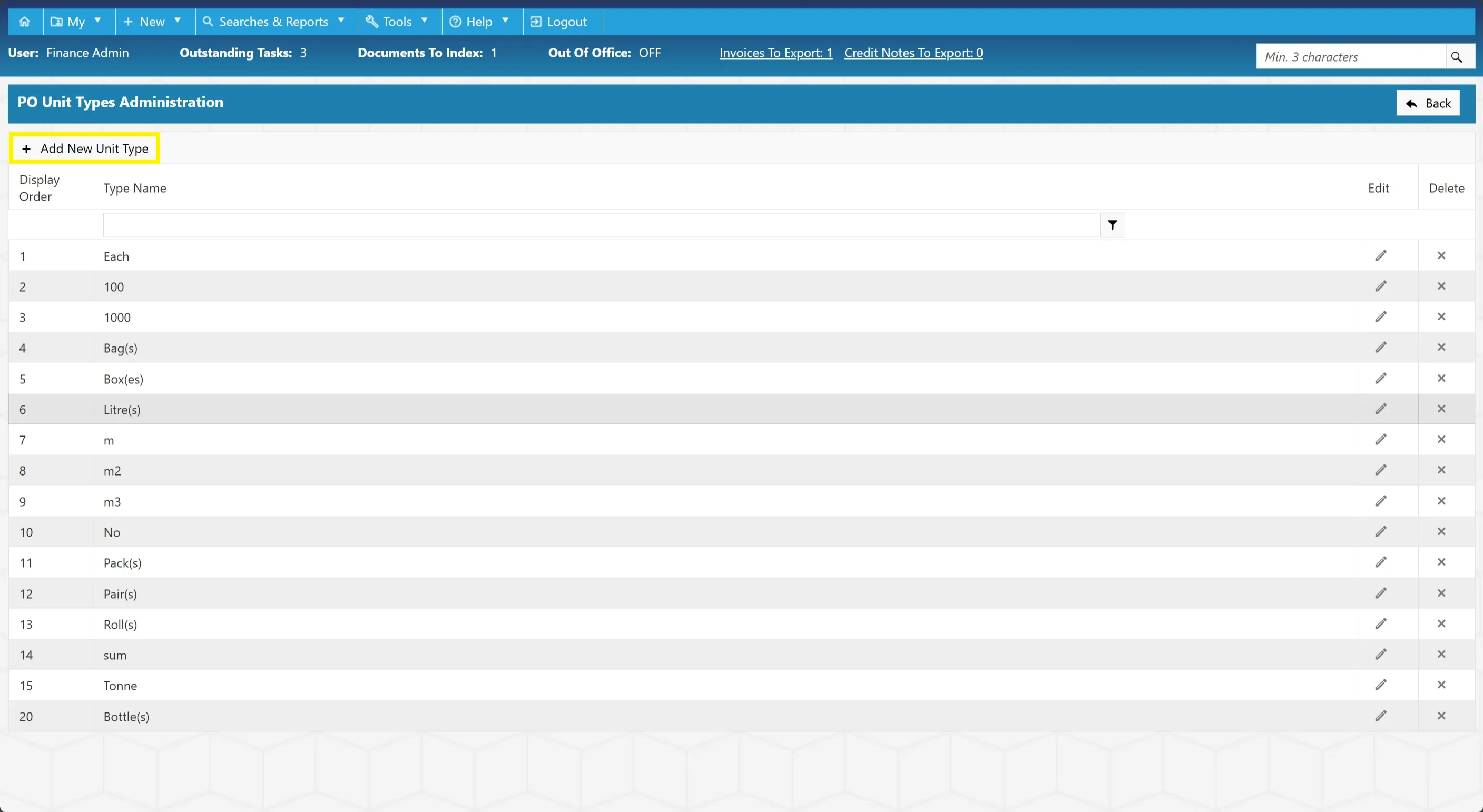 Select the Add New Unit Type button to begin adding a new PO unit type.
