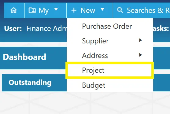 Create new projects within the purchase order system.