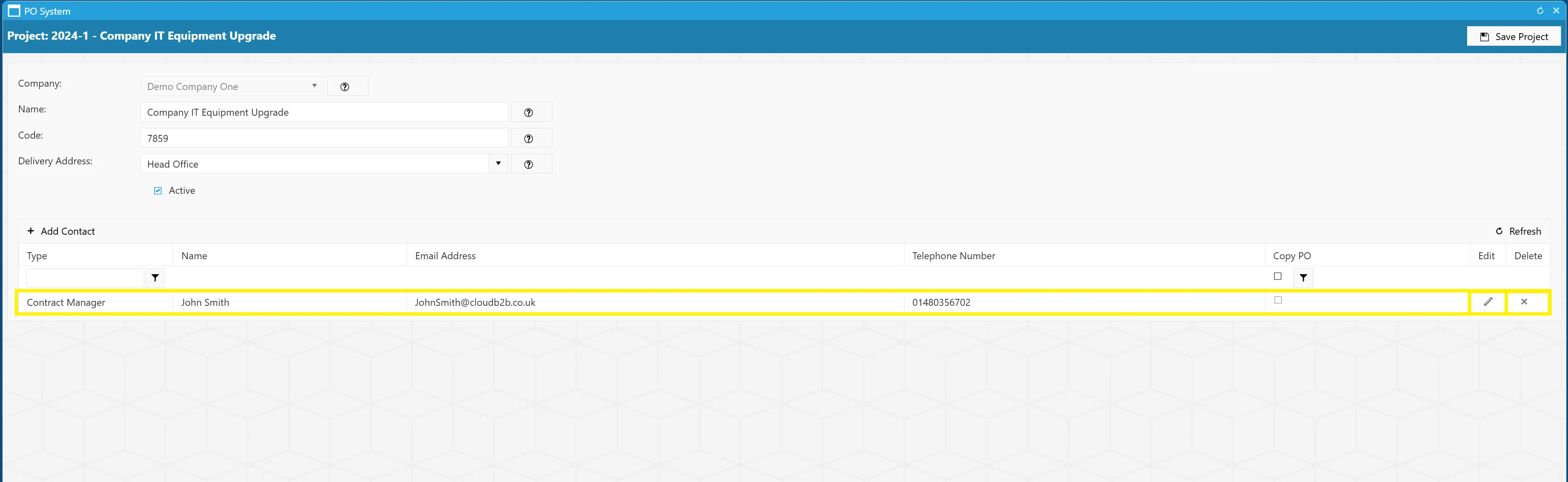 New project contacts are displayed in the grid, and can be edited, or deleted by clicking on the relevant symbol within the line.