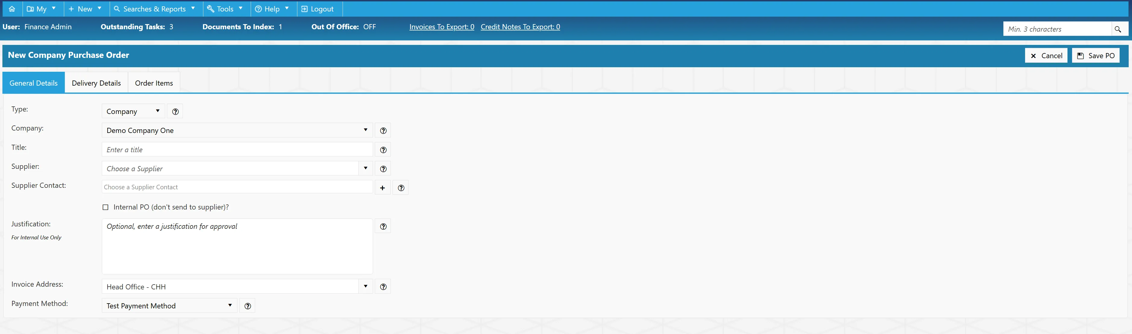 Fill in the required details to populate your purchase order.