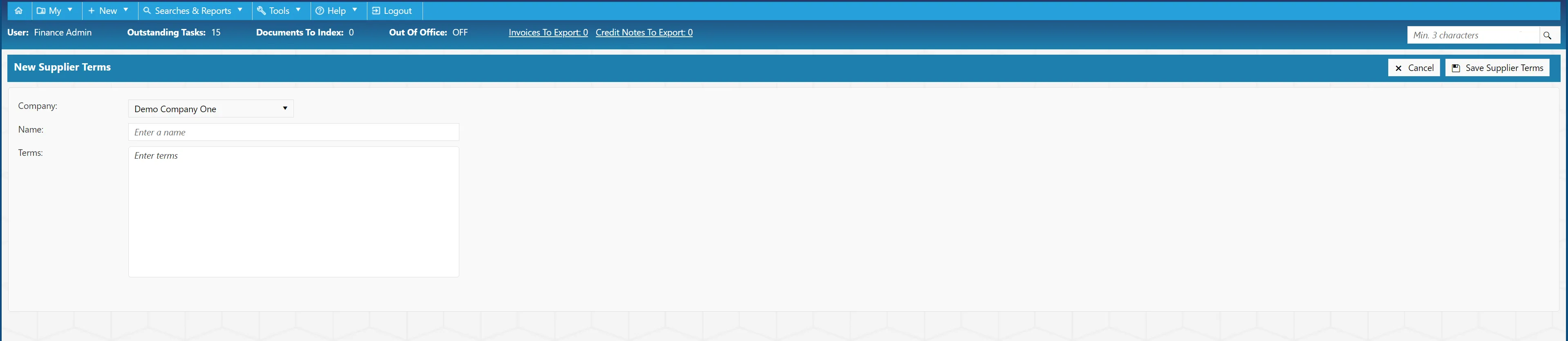 Fill in the required supplier terms and save to commit them to the.