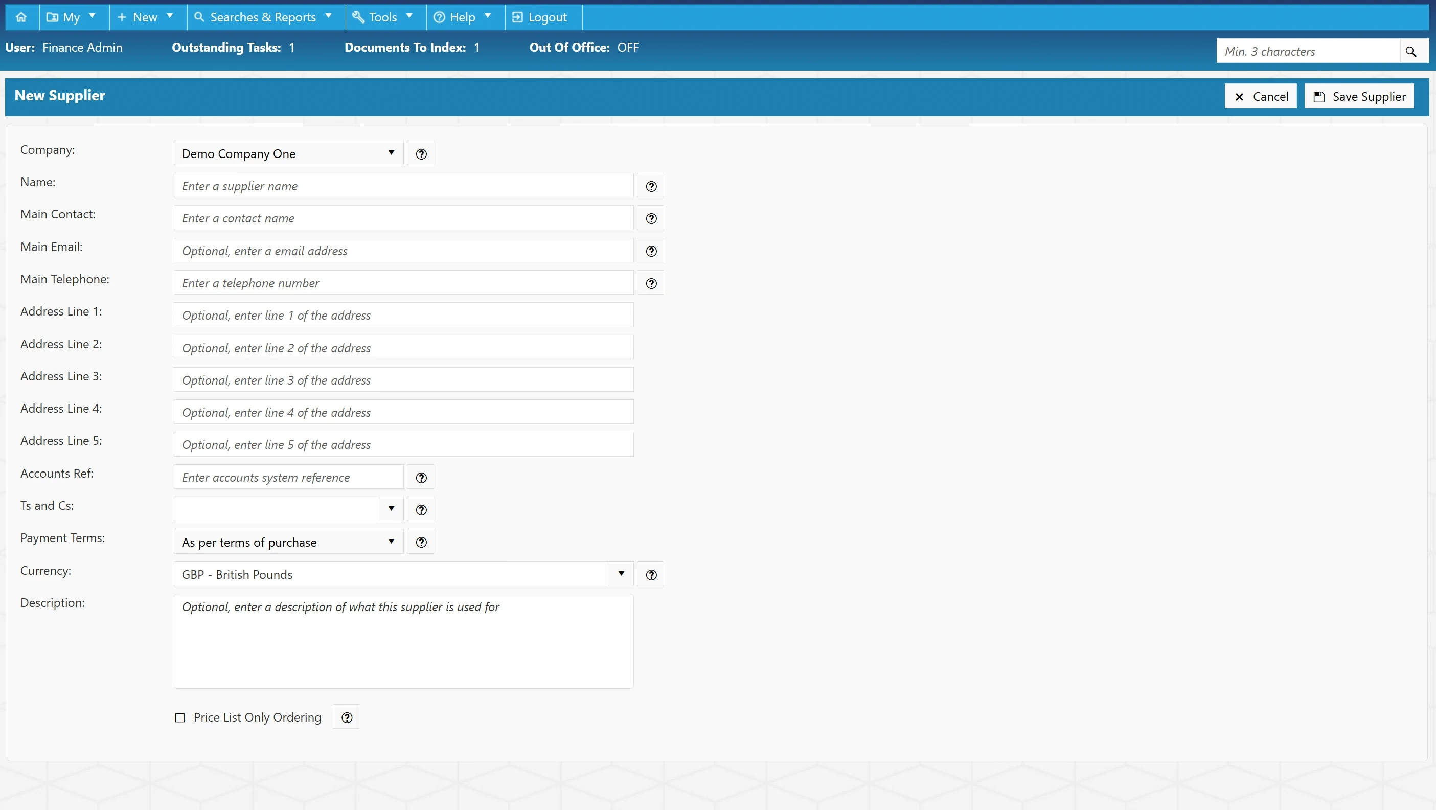 Fill in the required details for your new supplier.