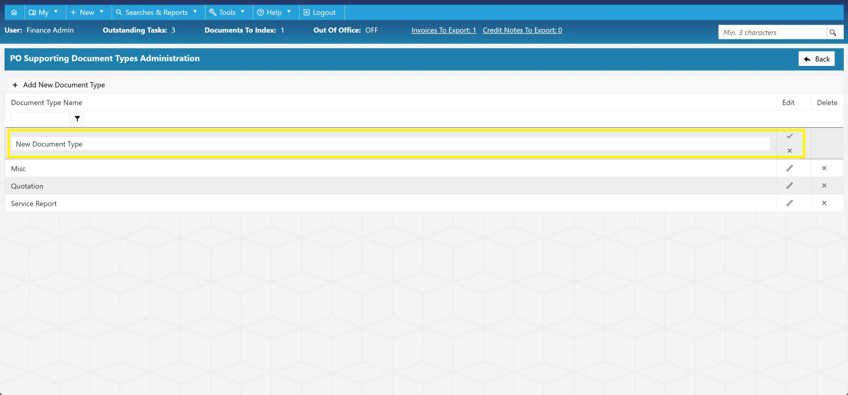 Type the new document type into the field and click on the tick to commit it.