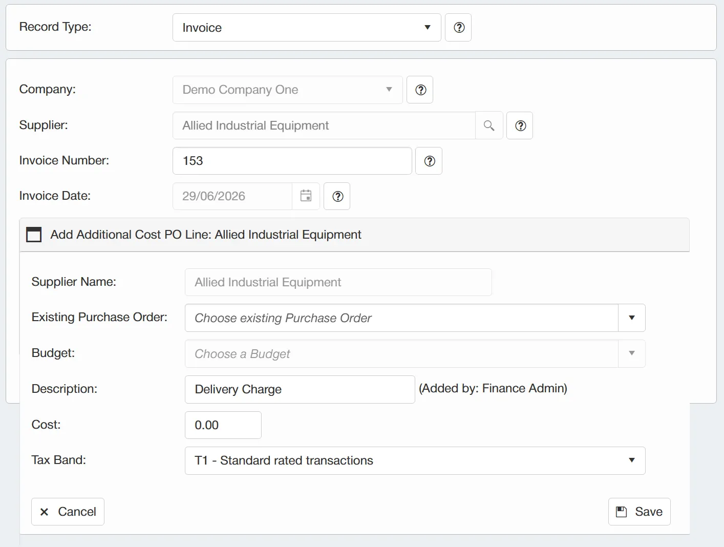 Add Additional Cost Additional Costs can be added to an invoice despite not being present on the purchase order e.g. delivery charges.