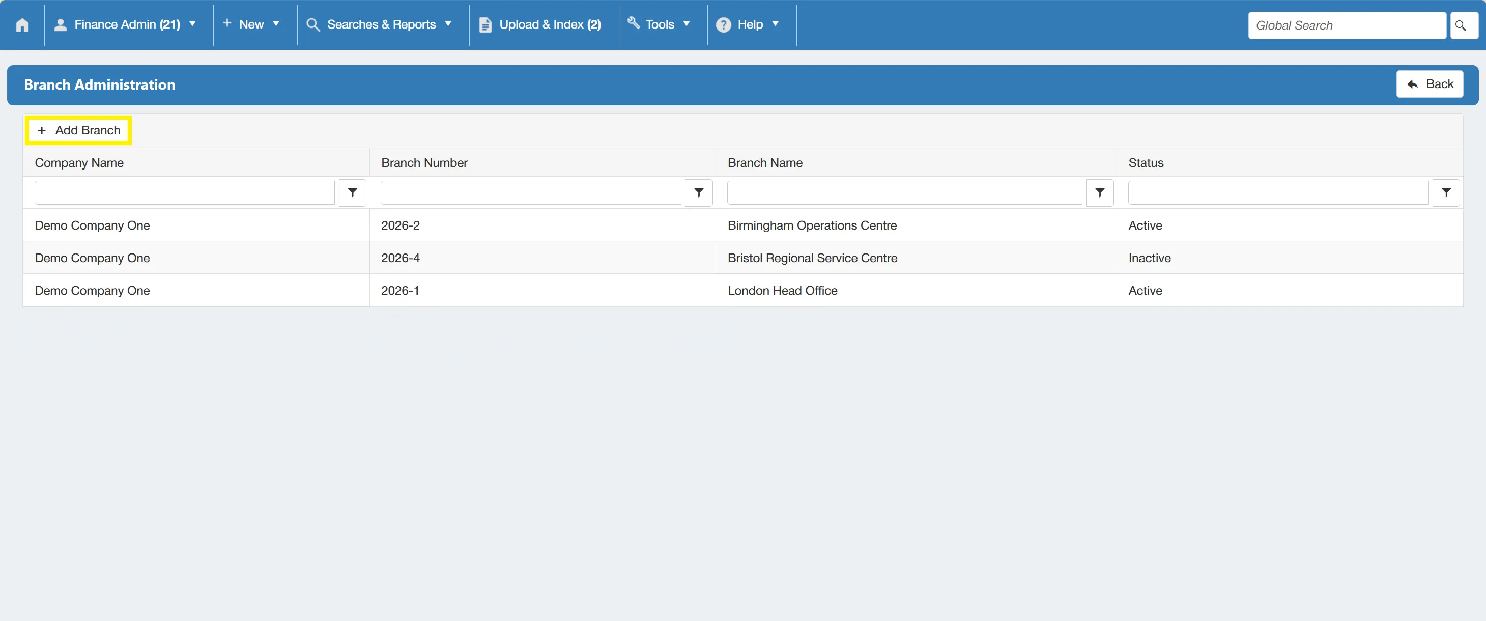 Select the Add Branch button to begin adding a new branch to the system.
