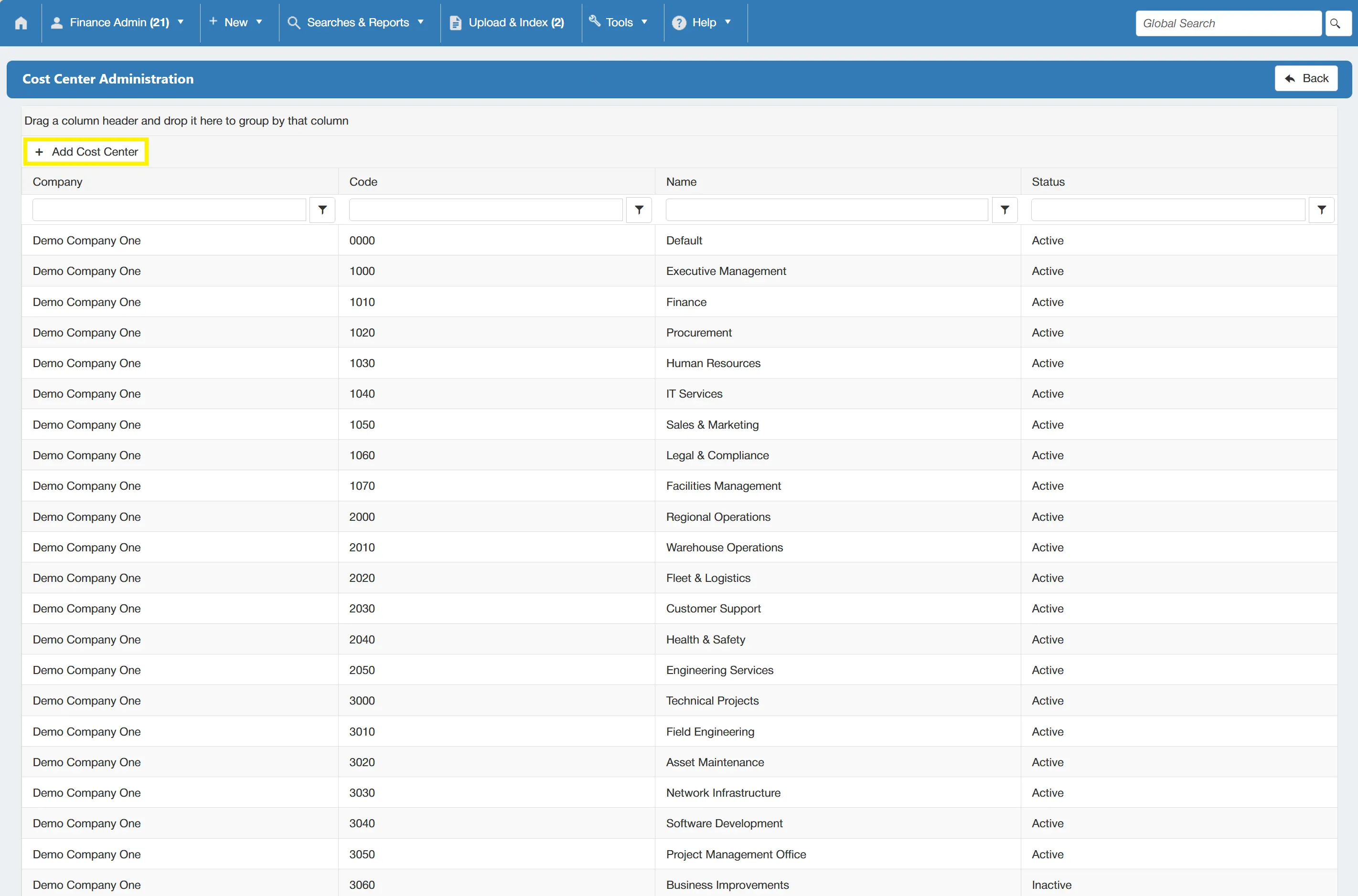 Select Add Cost Center to create a new cost center for use within the purchase order system.