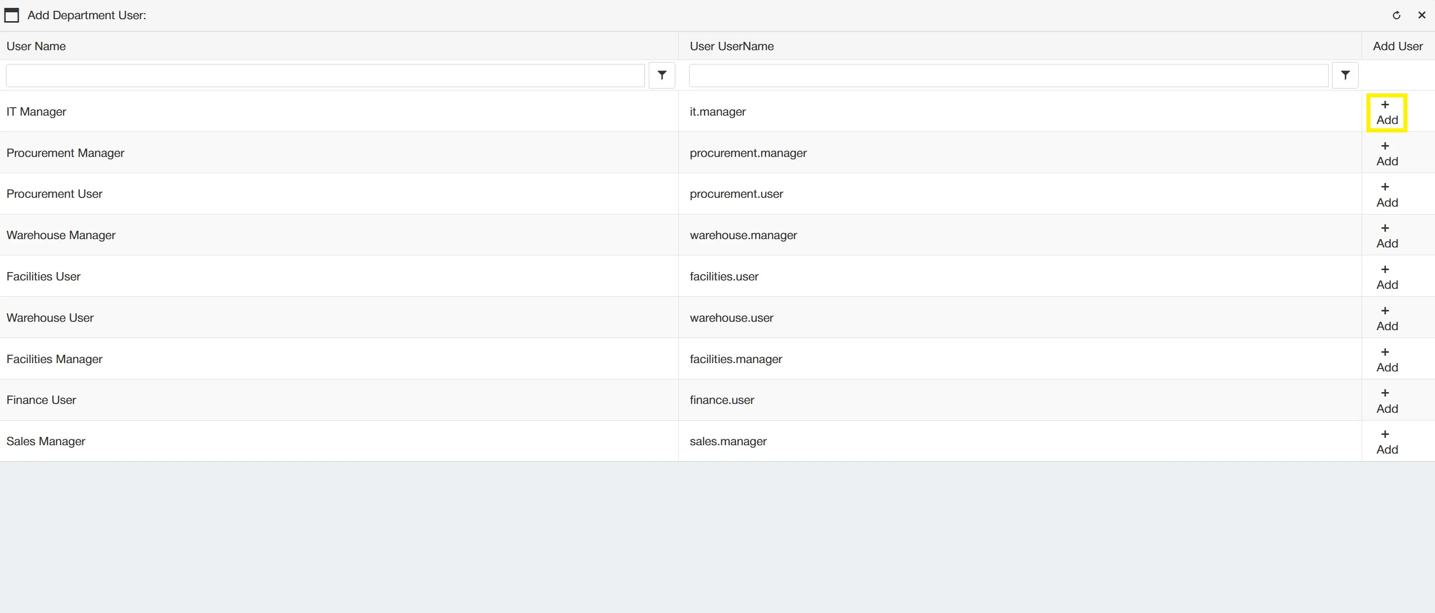 A list of users will be displayed, you can add these to your department by clicking on the add icon.
