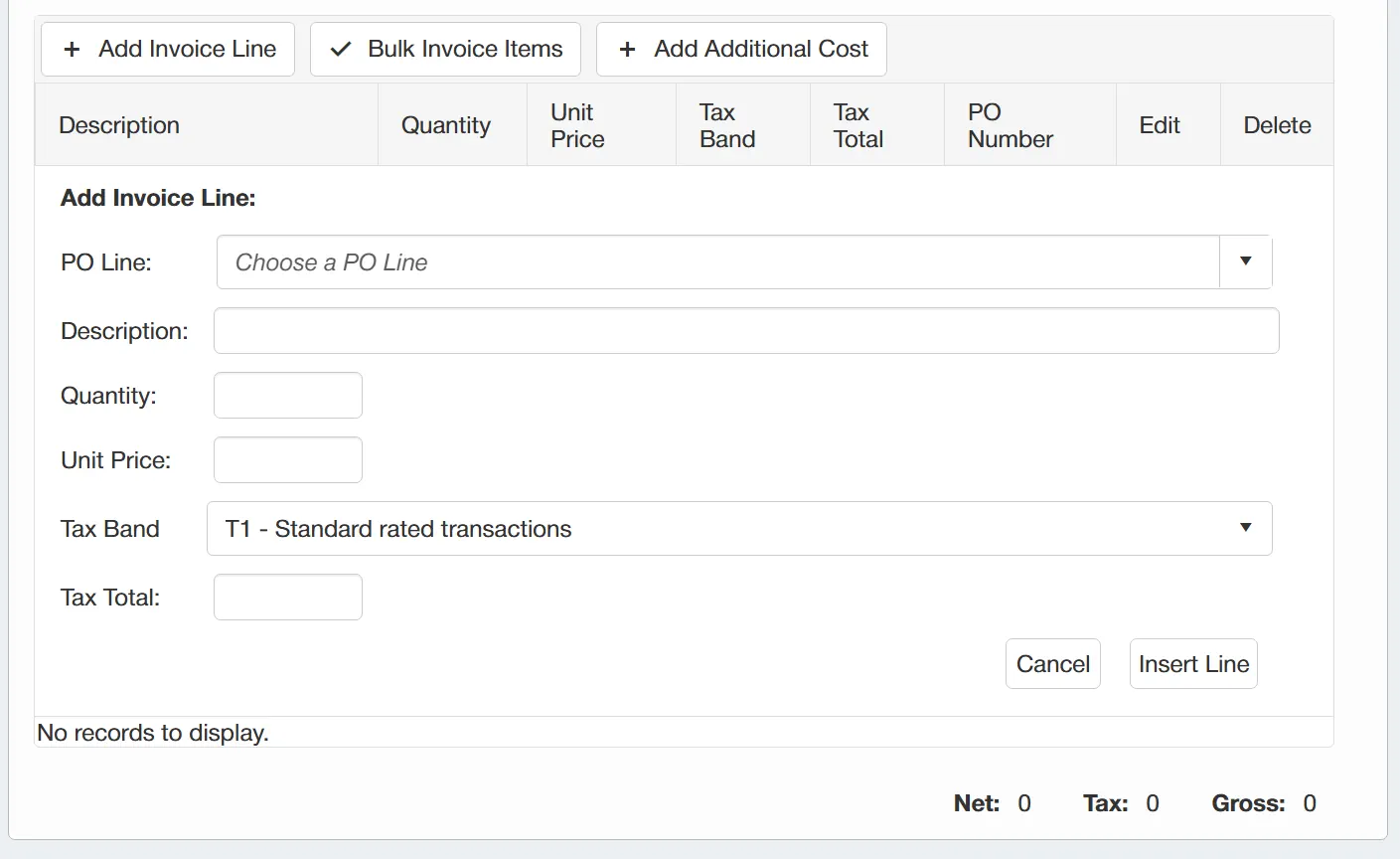 Adding an Invoice Line Users can manually add invoice lines by populating the fields with the relevant details.