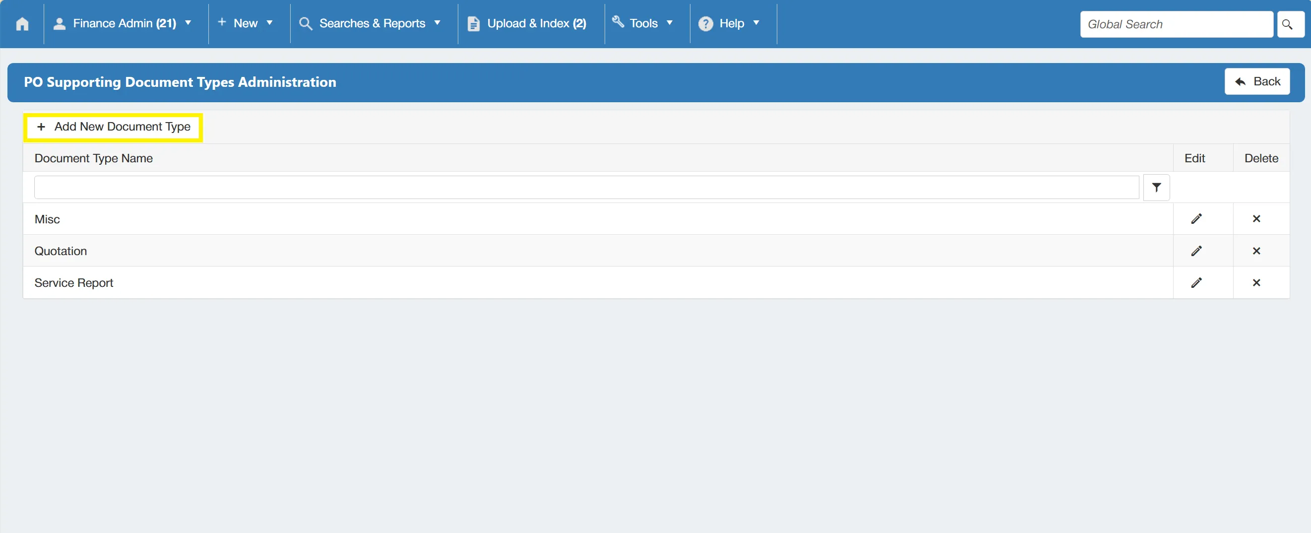 Admin users can add new document types as required.
