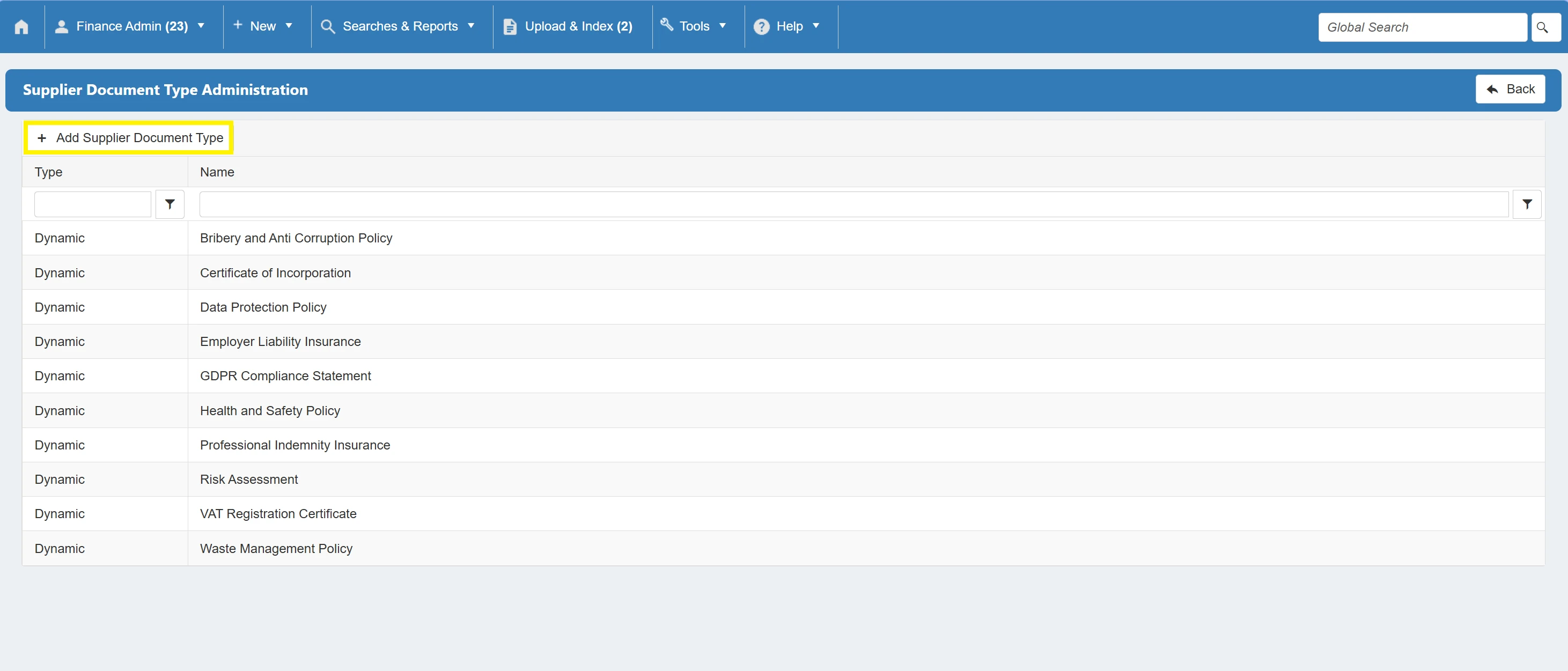 Admin users can add new supplier document types as required.