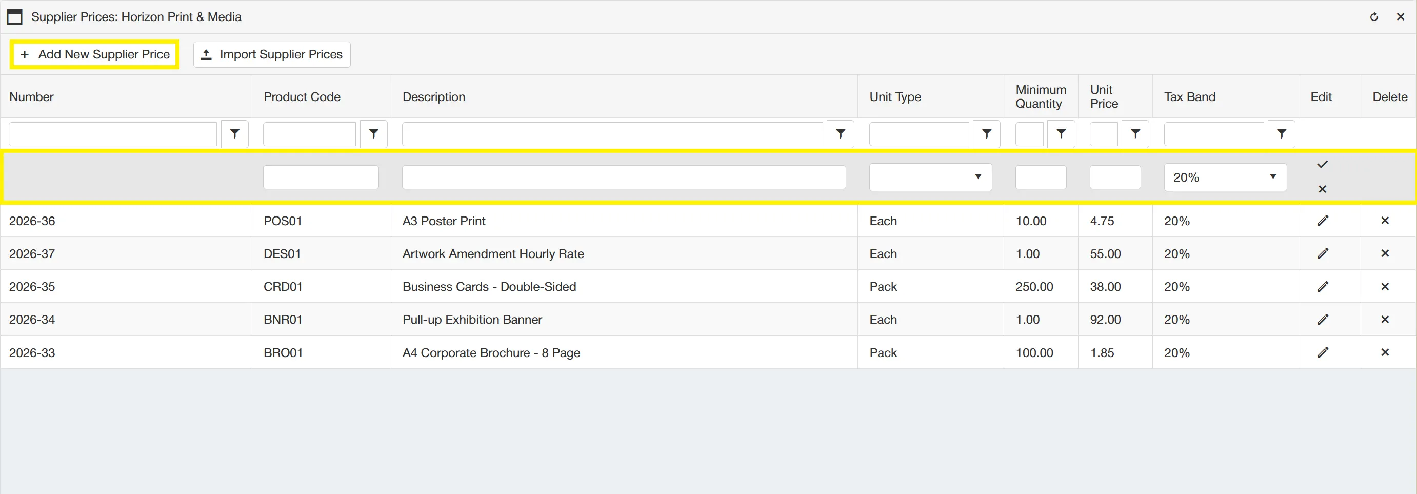 Users can manually add supplier prices to allow for full control over items.