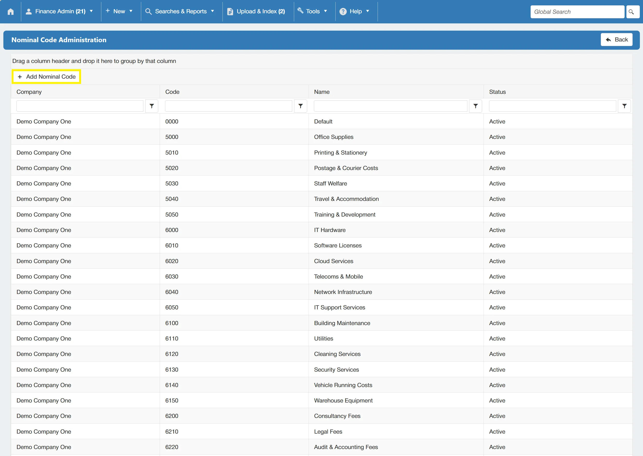 Select Add Nominal Code to create a new nominal code for use within the system.