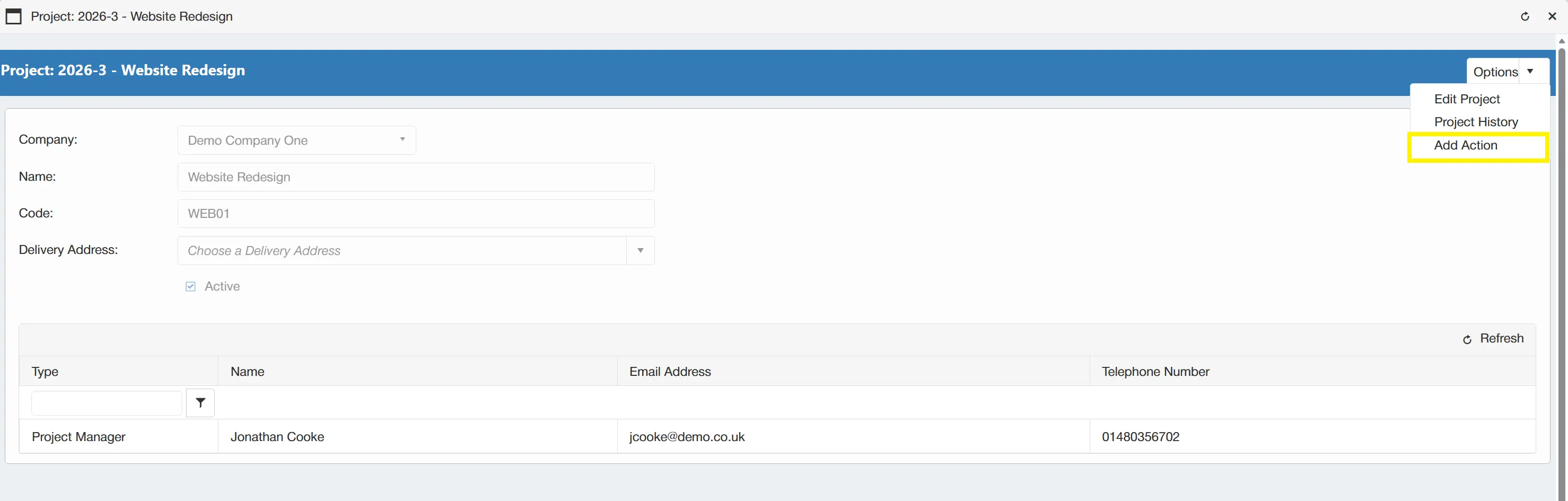 Add an action against your project.