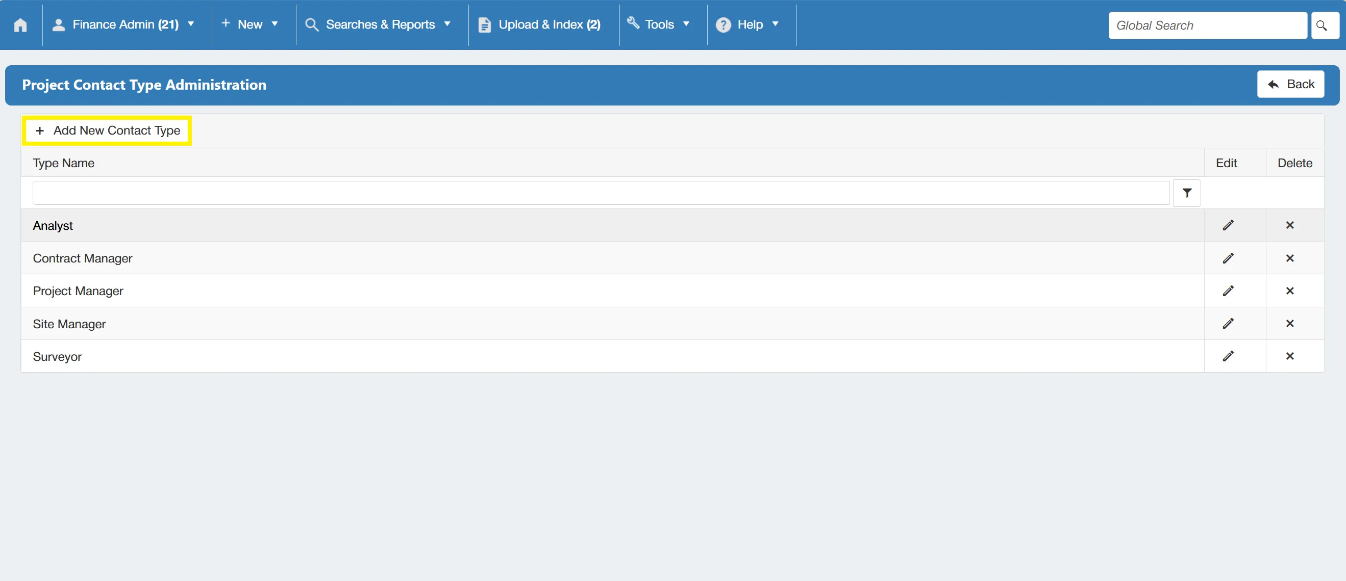 Select Add New Contact Type to create new project contact types for use within the PO system.